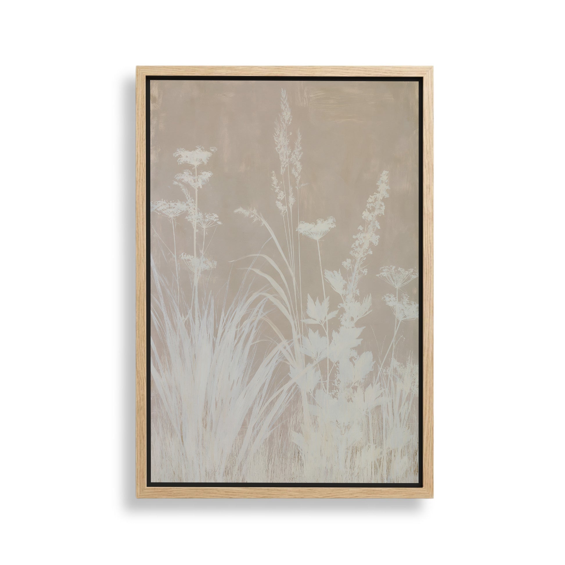 The image is a framed artwork depicting a field of tall grasses and plants, with a neutral color palette and a simple, minimalist design.