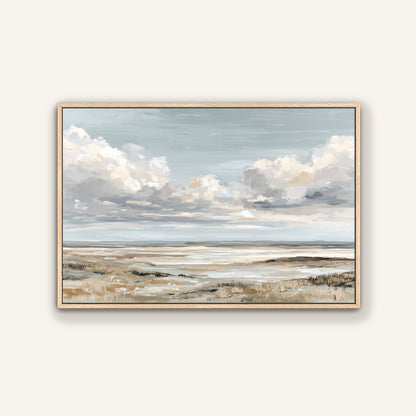 The image is a painting depicting a serene landscape with a vast body of water and a cloudy sky.