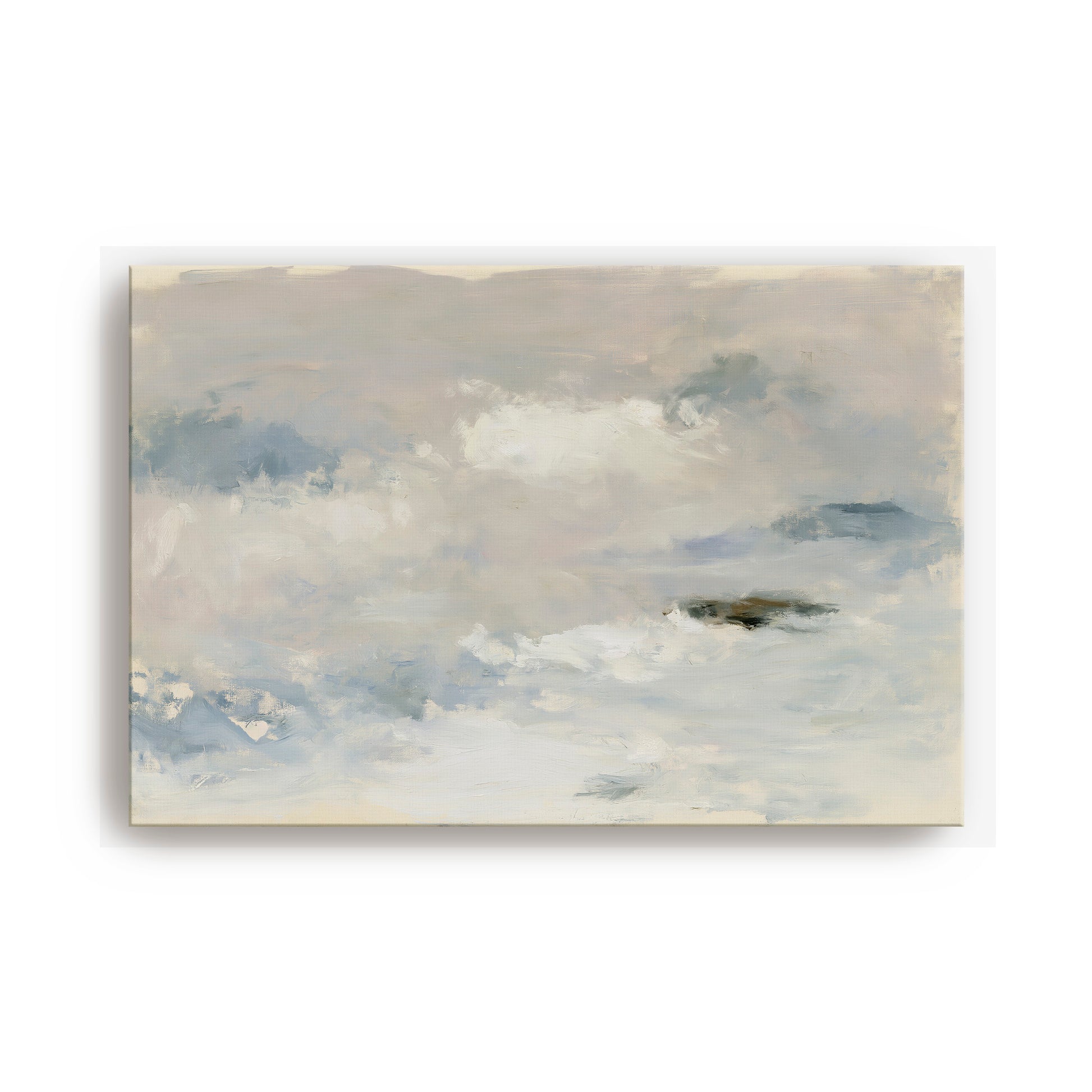 The image is an abstract painting depicting a cloudy sky with a small object or shape in the center.
