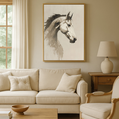 a cozy living room with a large painting of a horse's head hanging on the wall above a beige sofa and armchair. The room has a wooden coffee table in front of the sofa, and a lamp is placed on a side table next to the armchair.