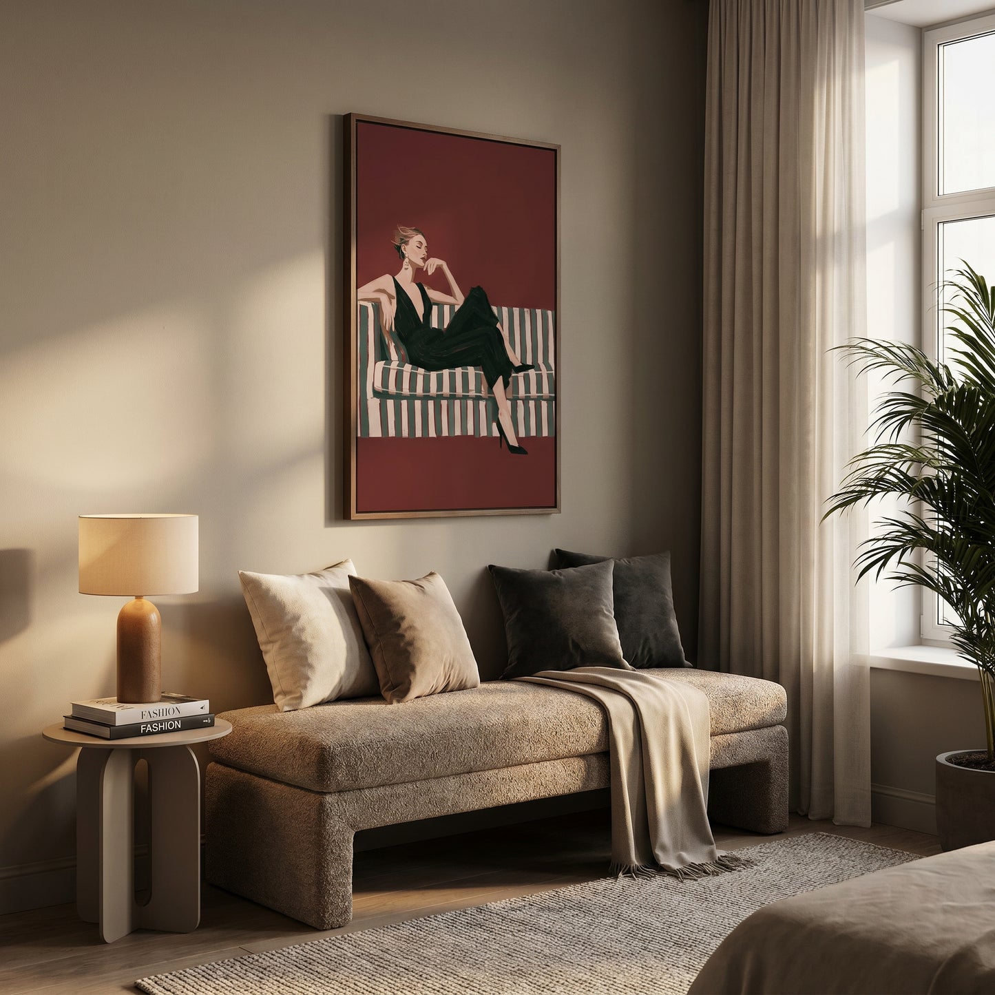 a cozy living room with a large window, a sofa with pillows, and a framed illustration of a woman sitting on a couch.