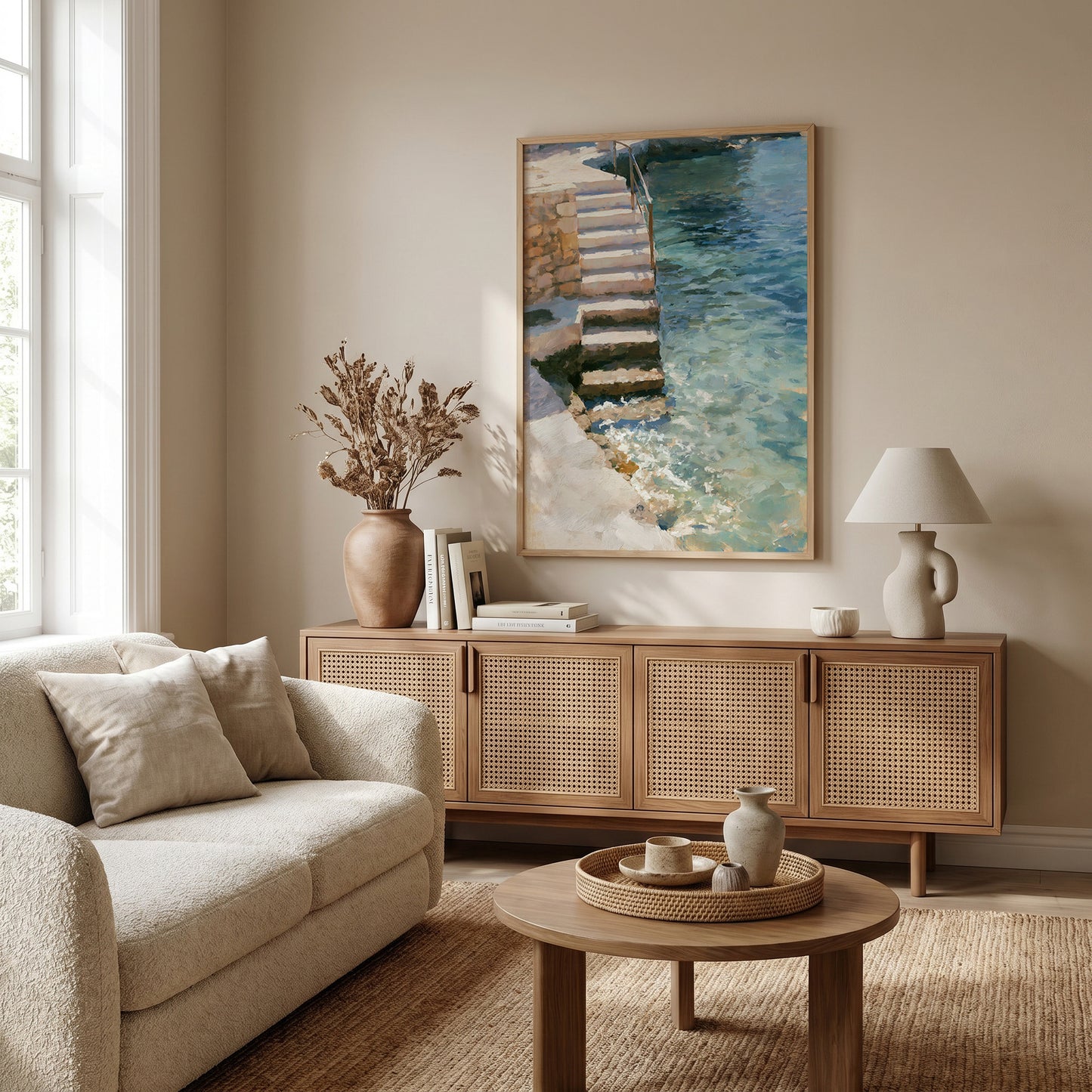 a cozy living room with a beige sofa, a wooden sideboard, and a large framed painting of a staircase leading to a pool.