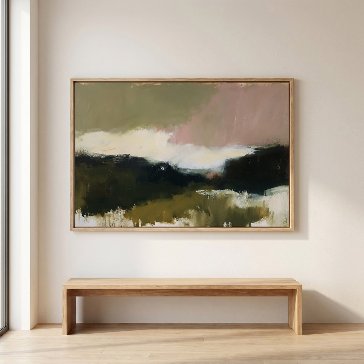 a large abstract painting hanging on a white wall above a wooden bench.