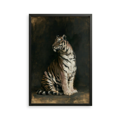 A tiger sitting in a dark, moody setting, with its gaze directed off to the side.