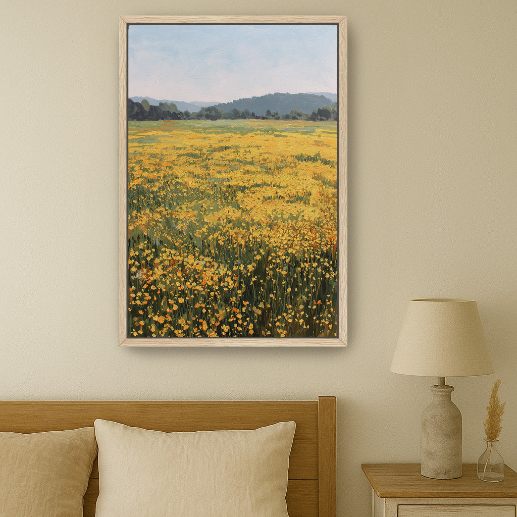a serene bedroom scene with a large framed painting of a field of yellow flowers hanging on the wall above a bed with a wooden headboard.