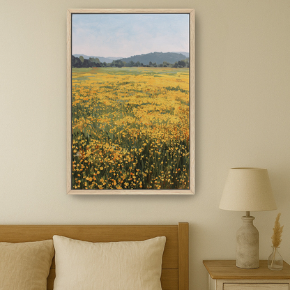 a serene bedroom scene with a large framed painting of a field of yellow flowers hanging on the wall above a bed with a wooden headboard.
