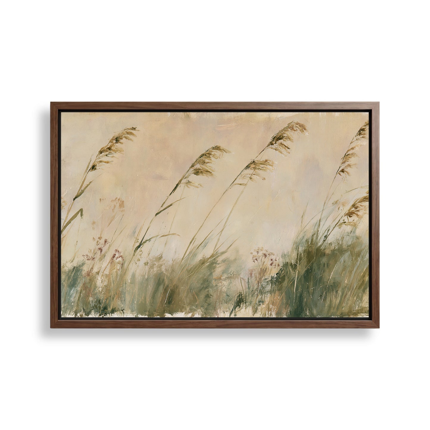 The image is a framed painting depicting tall grasses swaying in the wind.