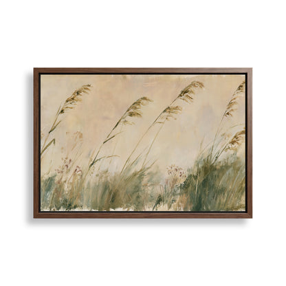 The image is a framed painting depicting tall grasses swaying in the wind.