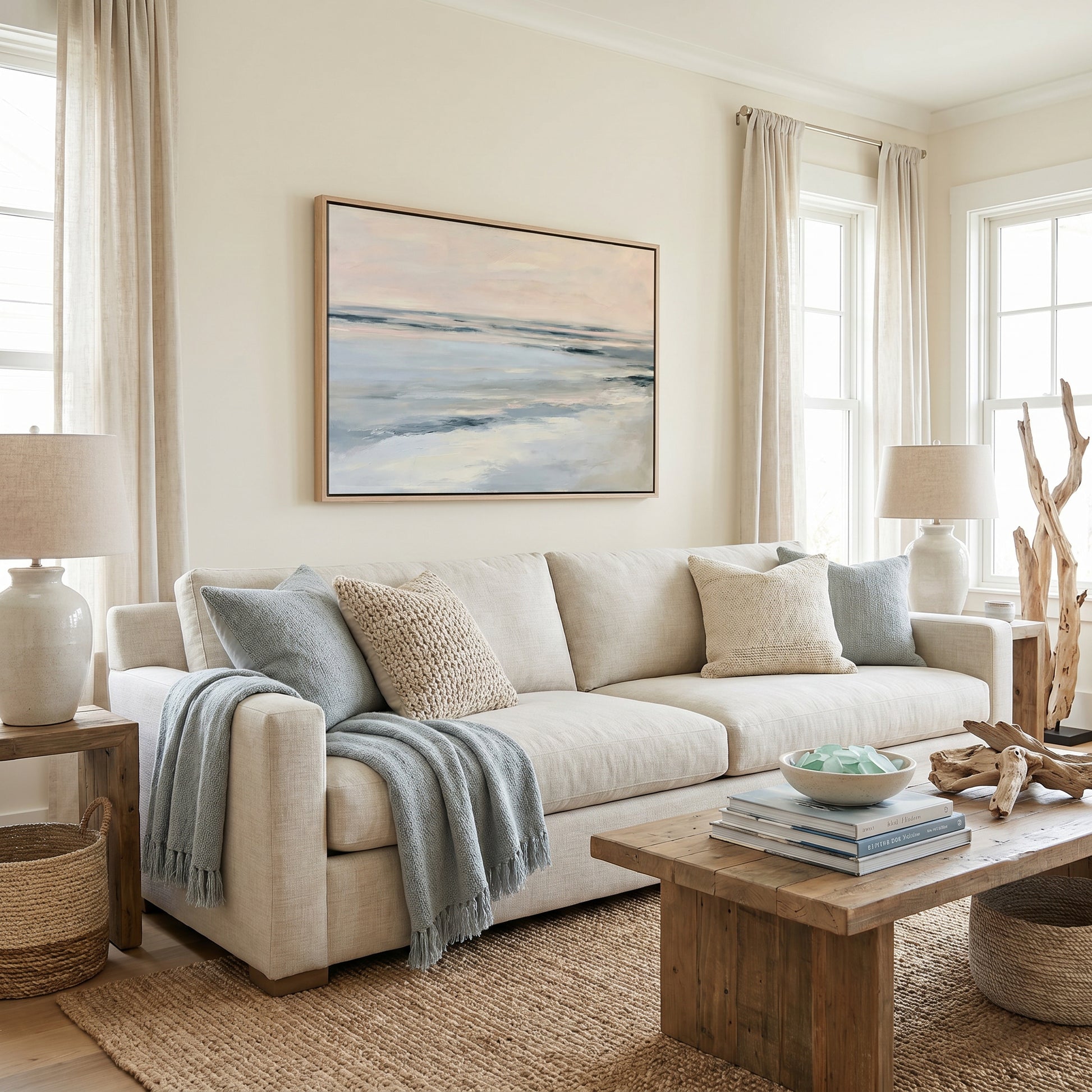 a cozy living room with a large window, a white sofa with throw pillows, a wooden coffee table, and a framed landscape painting on the wall.