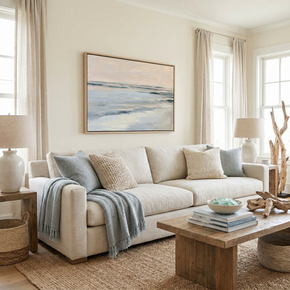 a cozy living room with a large window, a white sofa with throw pillows, a wooden coffee table, and a framed landscape painting on the wall.