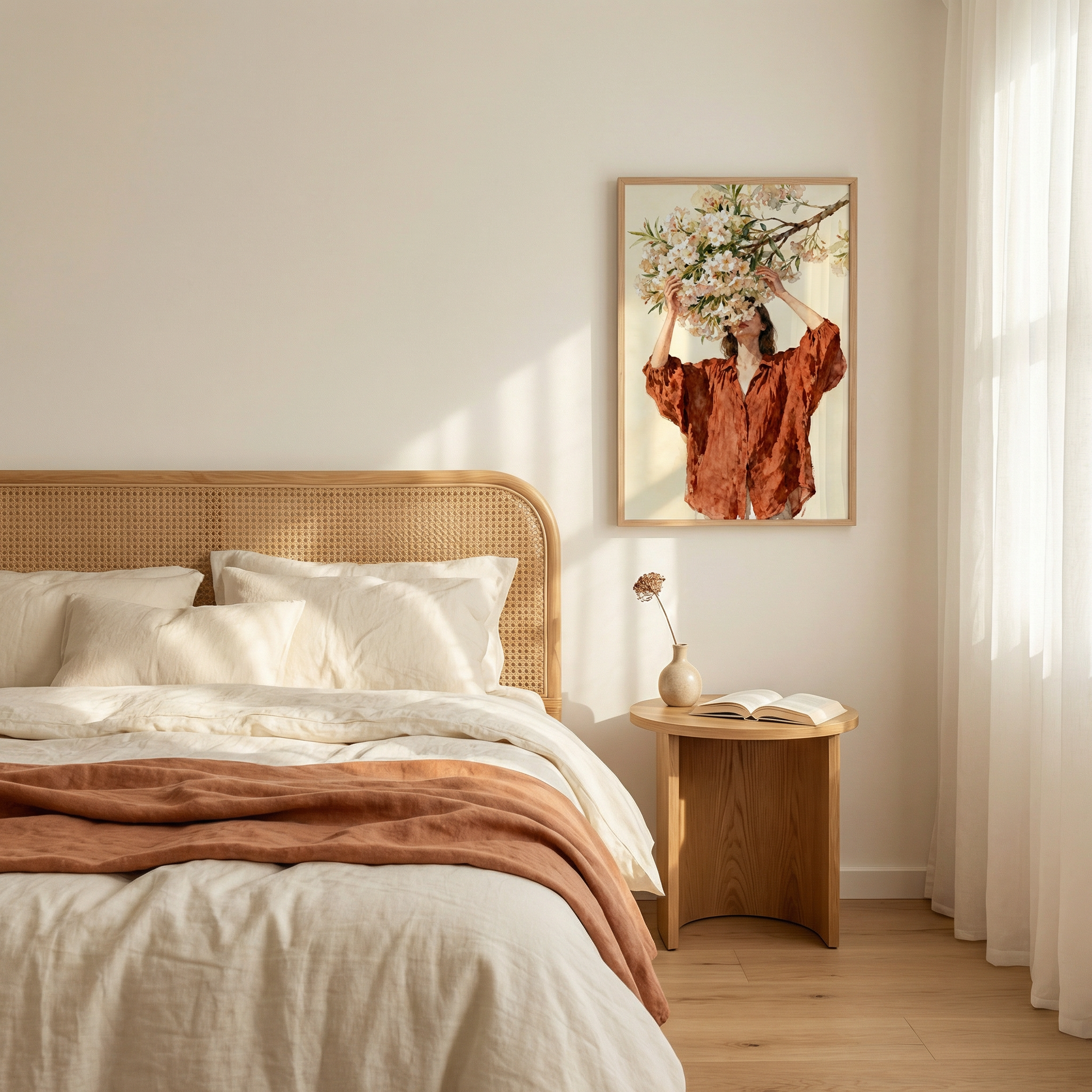 a serene and cozy bedroom scene, featuring a bed with a white comforter and a brown throw blanket, a wooden headboard, and a framed picture of a woman holding flowers. The room has a warm and inviting atmosphere, with natural light streaming in from a window and a vase of flowers on the nightstand.