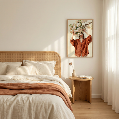 a serene and cozy bedroom scene, featuring a bed with a white comforter and a brown throw blanket, a wooden headboard, and a framed picture of a woman holding flowers. The room has a warm and inviting atmosphere, with natural light streaming in from a window and a vase of flowers on the nightstand.