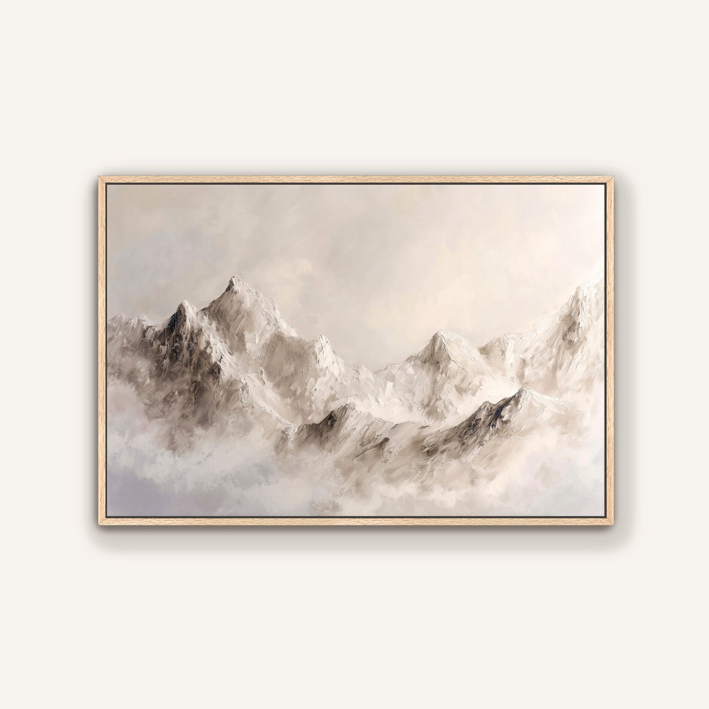 a serene landscape with majestic mountains shrouded in a light mist, creating a sense of tranquility and grandeur.