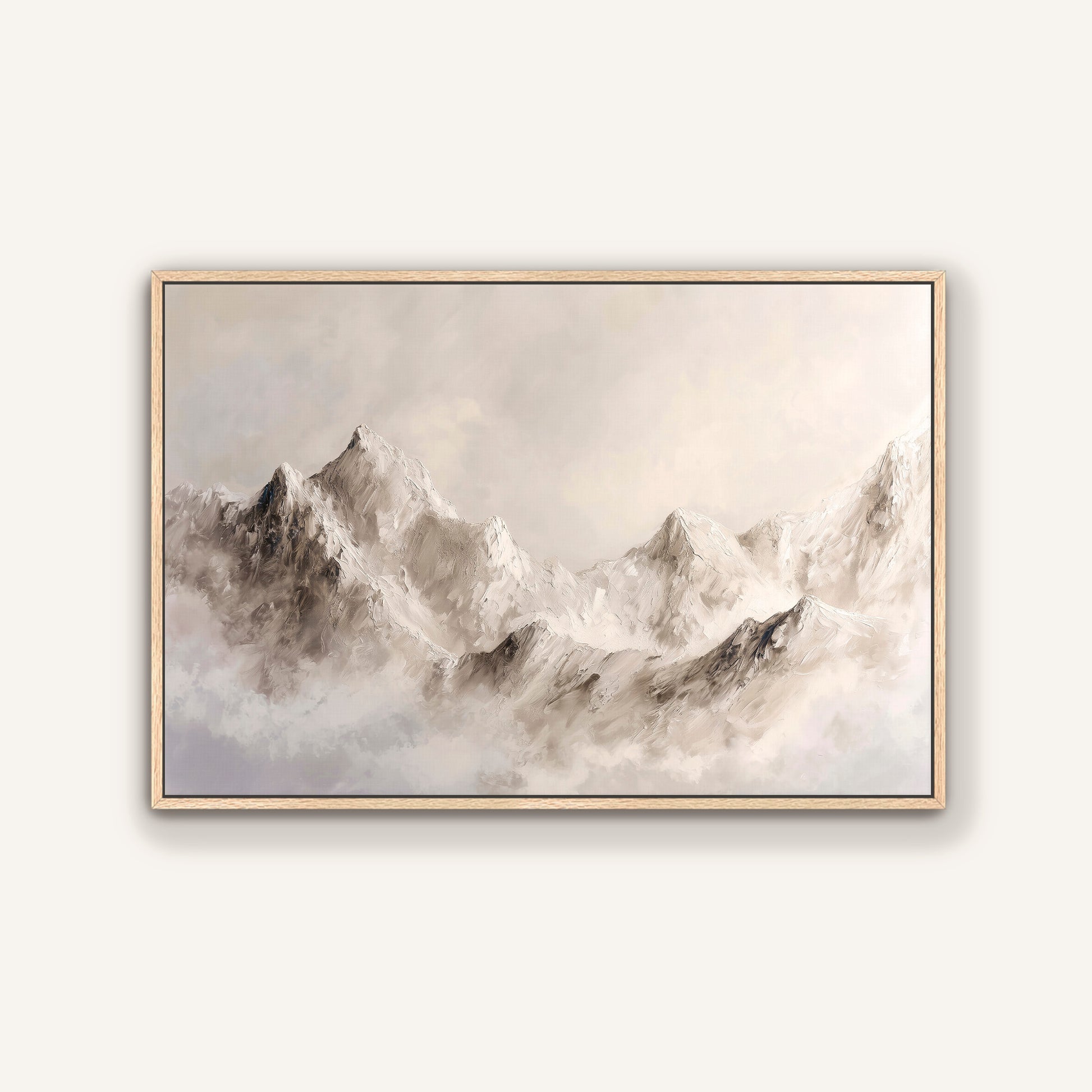 a serene landscape with majestic mountains shrouded in a light mist, creating a sense of tranquility and grandeur.