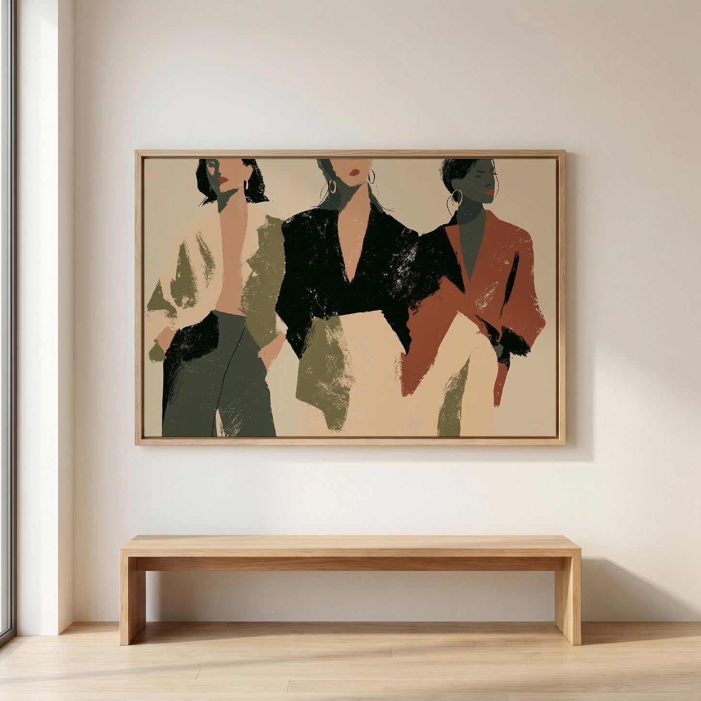 a large abstract painting of three stylized human figures, each wearing a different colored jacket, displayed on a wall above a wooden bench.