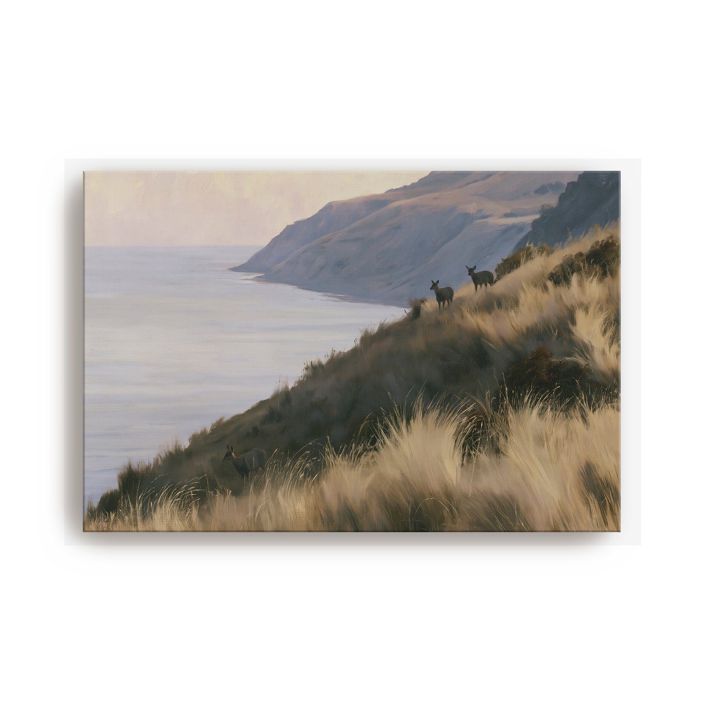 a serene landscape with a grassy hill overlooking the ocean, featuring two deer standing on the hill.