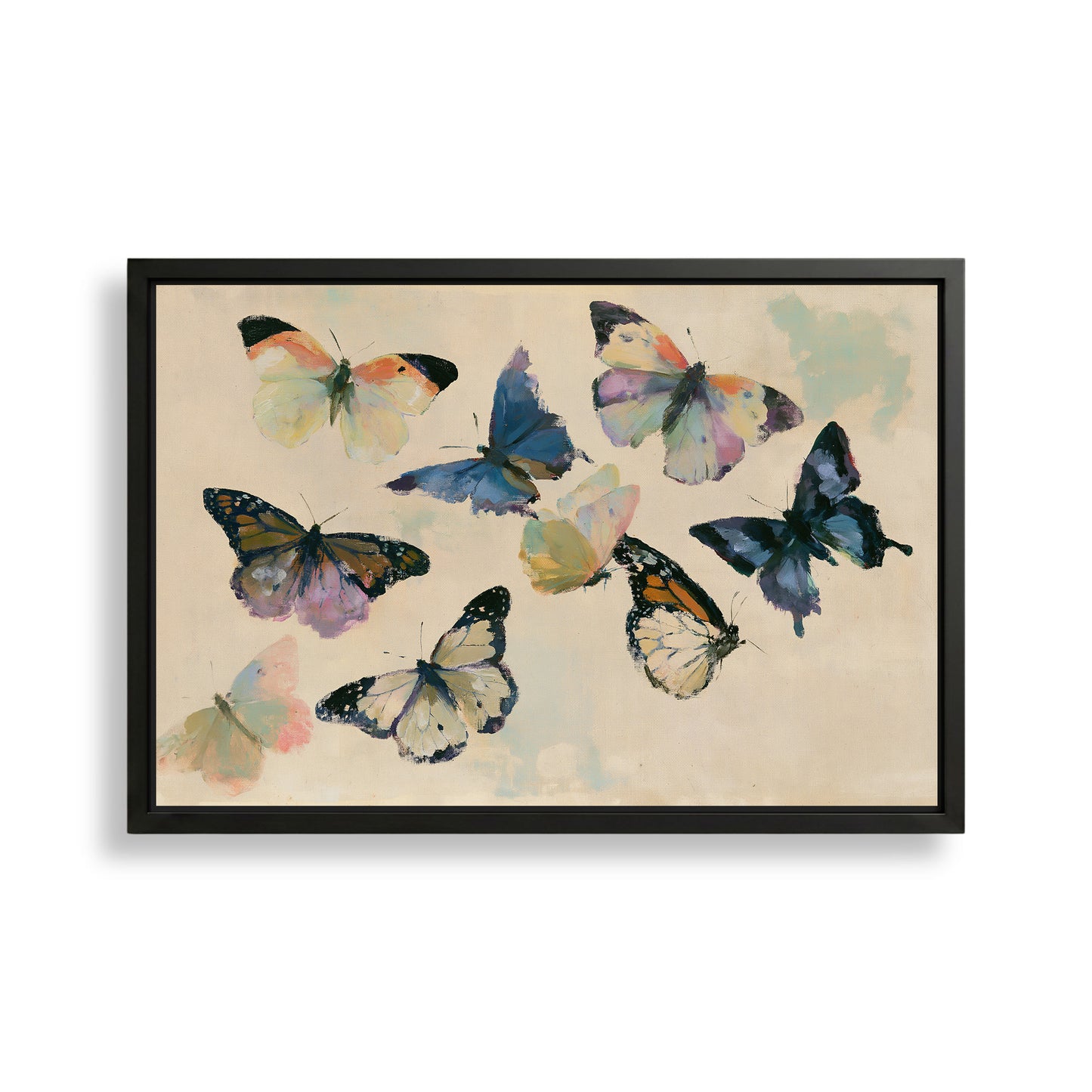 The image is a framed painting depicting a group of colorful butterflies in various stages of flight.