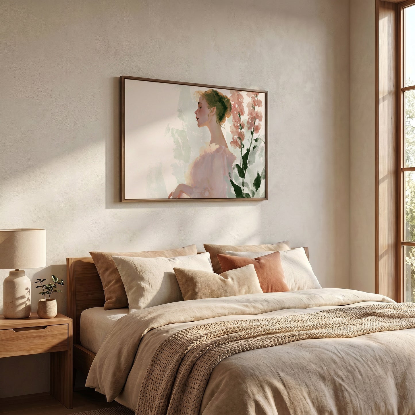 a serene bedroom scene with a large bed adorned with beige bedding and a framed painting of a woman's profile hanging above it.