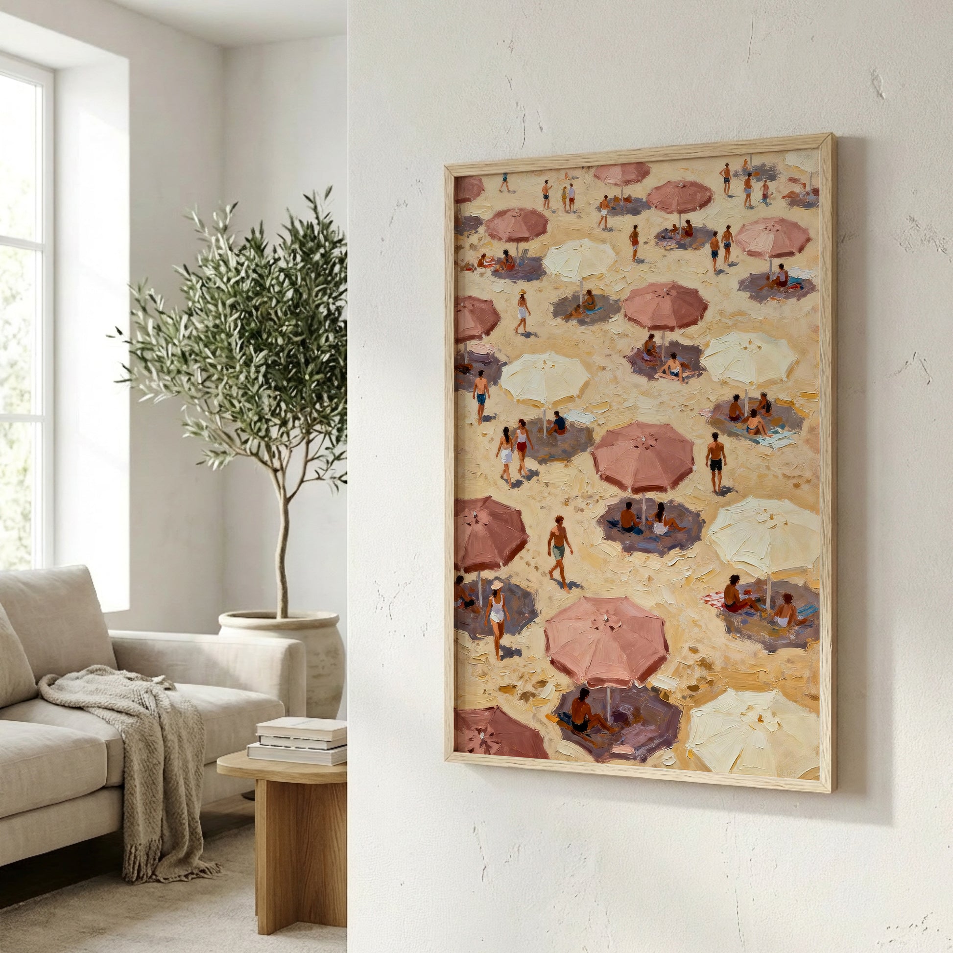 a beach scene with numerous colorful umbrellas and people enjoying the sun and sand.