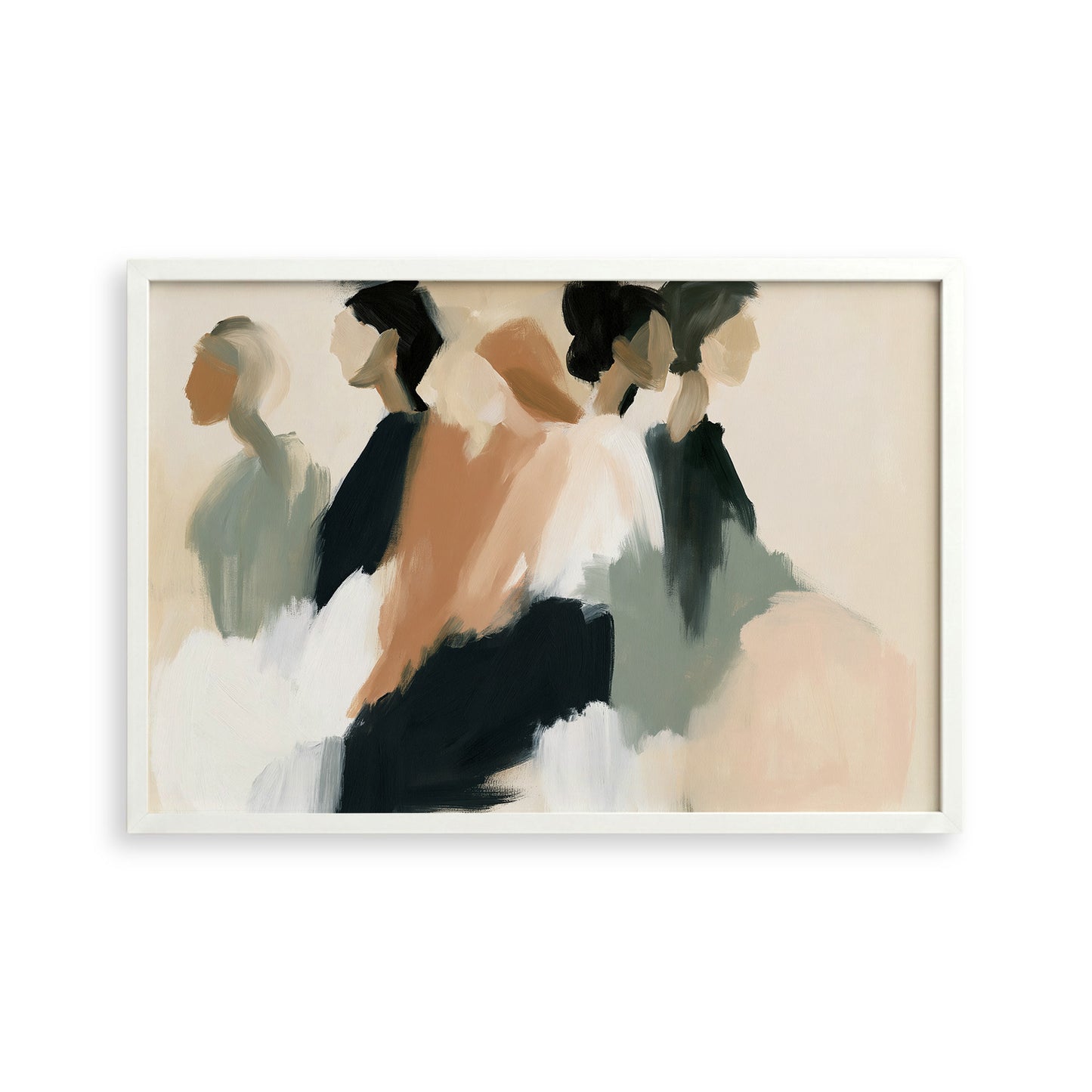 The image is an abstract painting featuring a group of stylized human figures in various poses and colors.