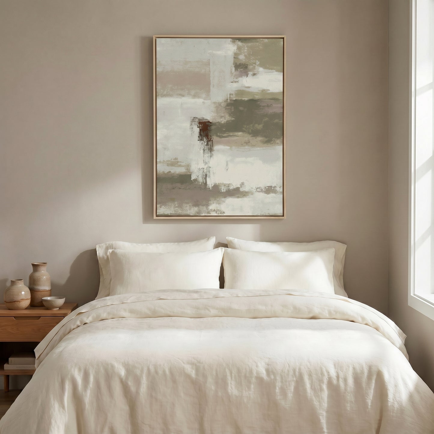 a serene and cozy bedroom scene, featuring a large bed with crisp white linens and pillows, a wooden nightstand with a vase and bowl, and a framed abstract painting hanging above the bed.