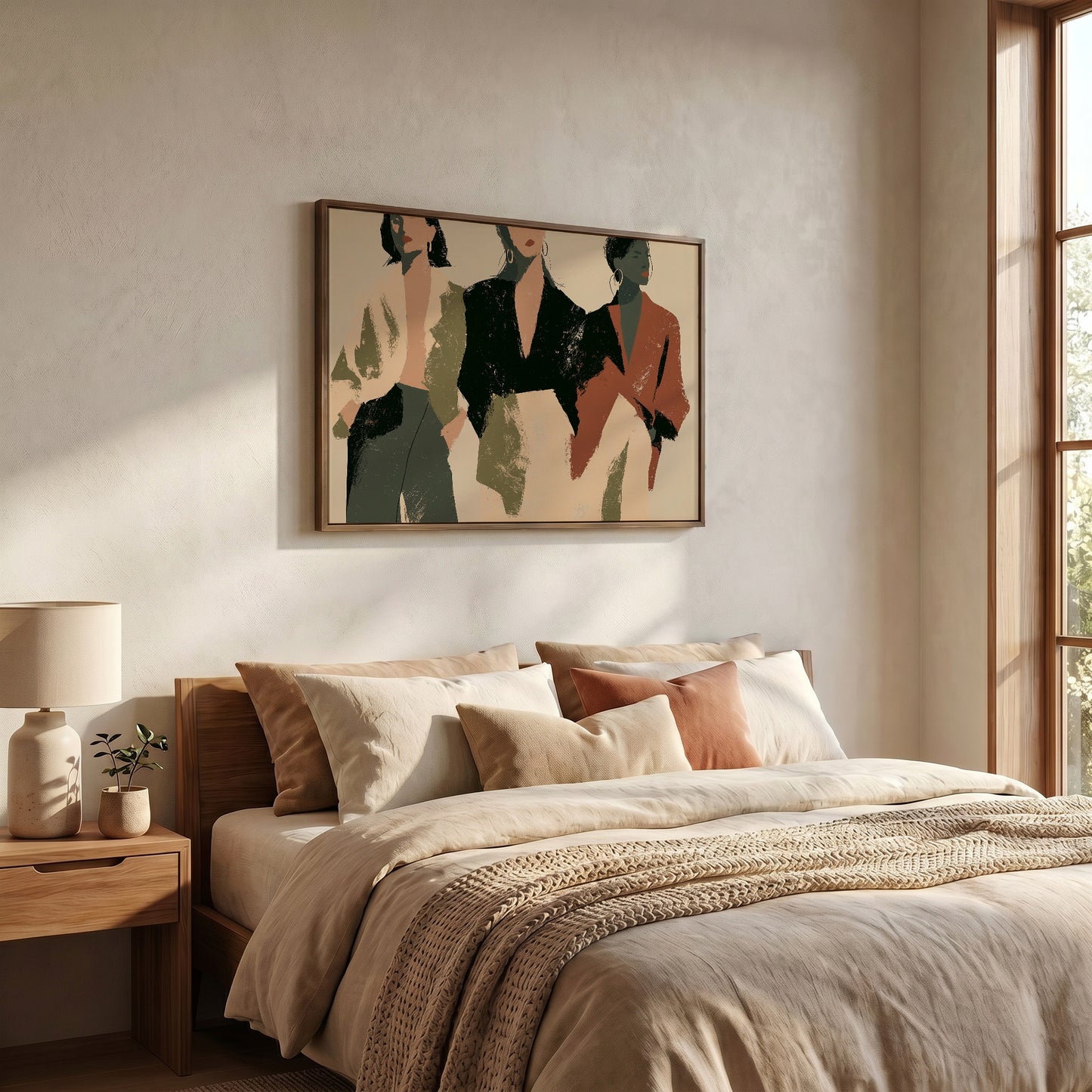 a cozy bedroom with a large bed, a wooden nightstand, and a framed artwork hanging on the wall above the bed.