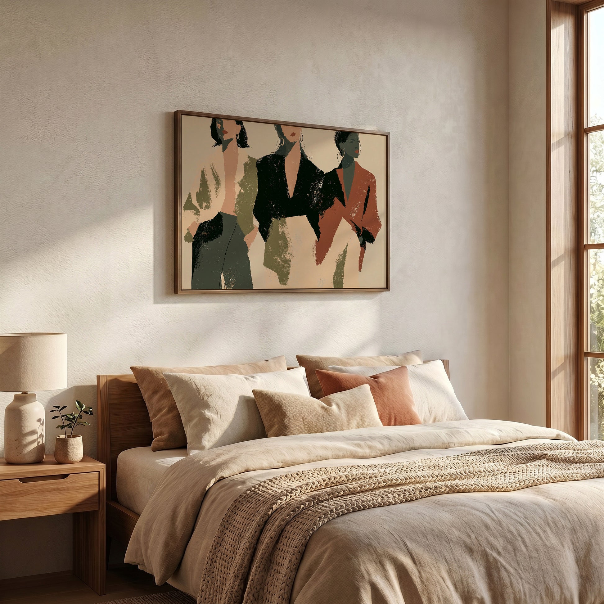 a cozy bedroom with a large bed, a wooden nightstand, and a framed artwork hanging on the wall above the bed.