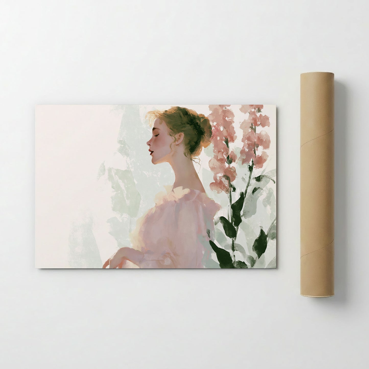 A painting of a woman with a pensive expression, surrounded by pink flowers.