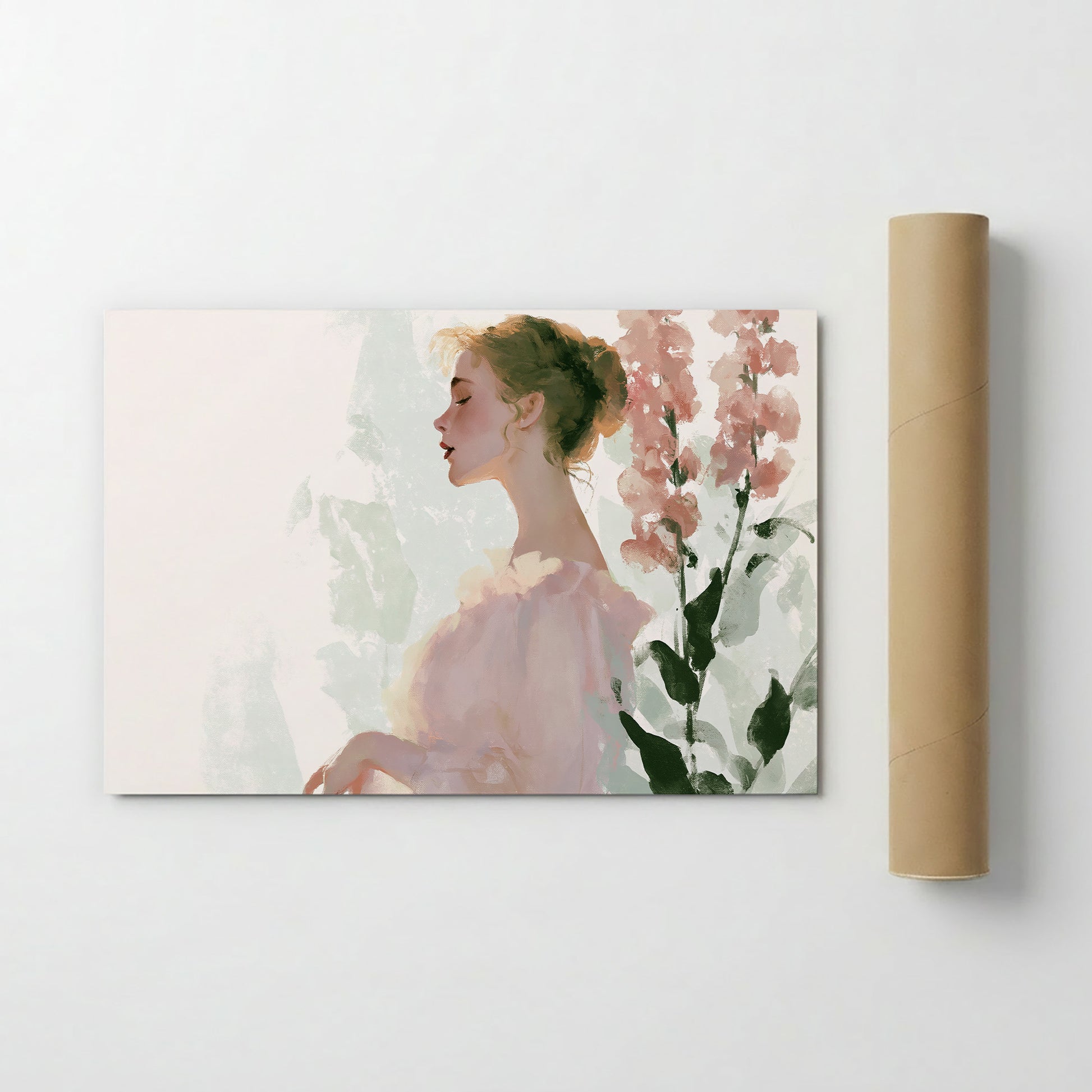A painting of a woman with a pensive expression, surrounded by pink flowers.