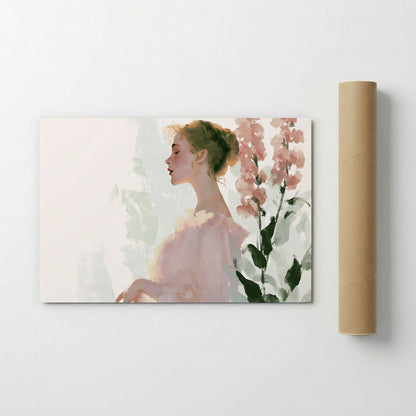 A painting of a woman with a pensive expression, surrounded by pink flowers.