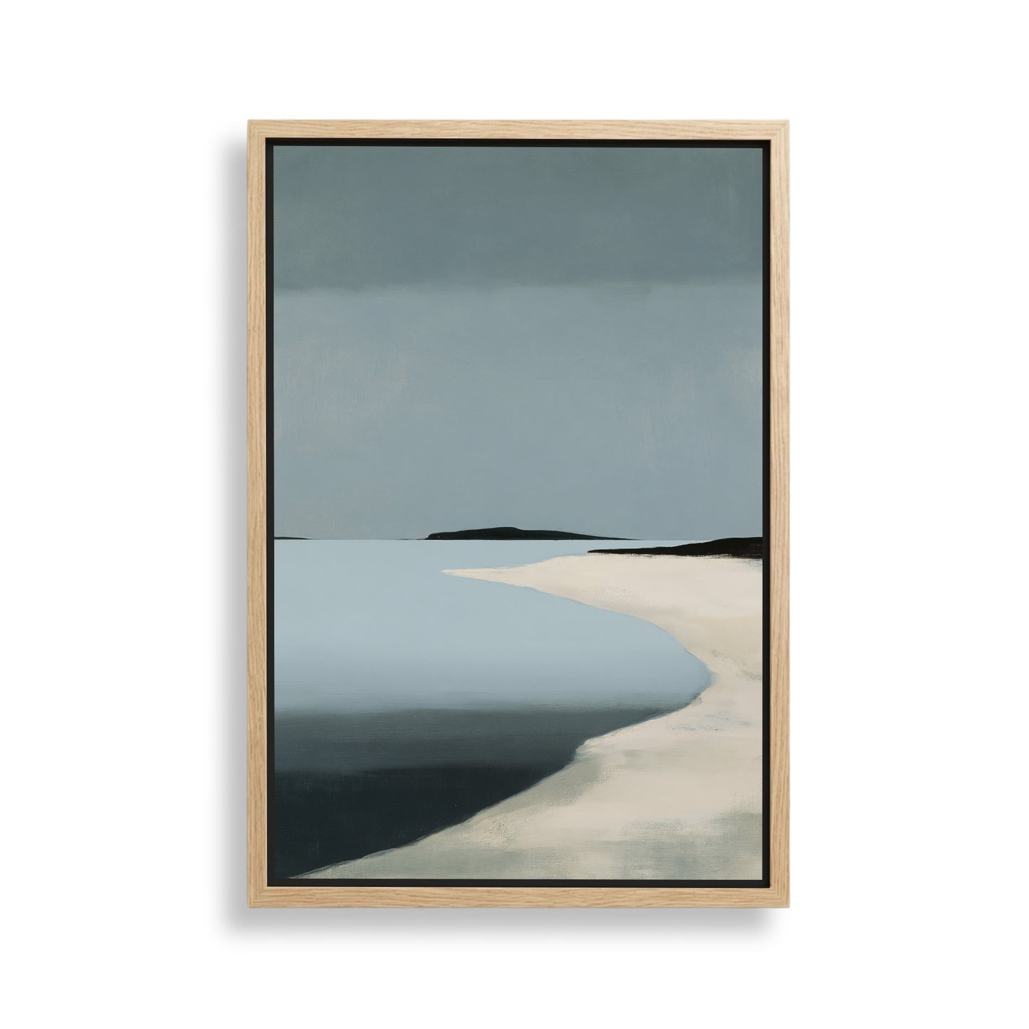 The image is a painting depicting a serene beach scene with a calm body of water and a sandy shoreline.