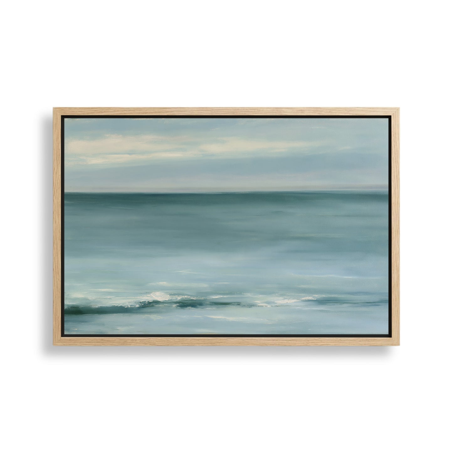 The image is a painting of a serene ocean scene with a calm, blue-green color palette.
