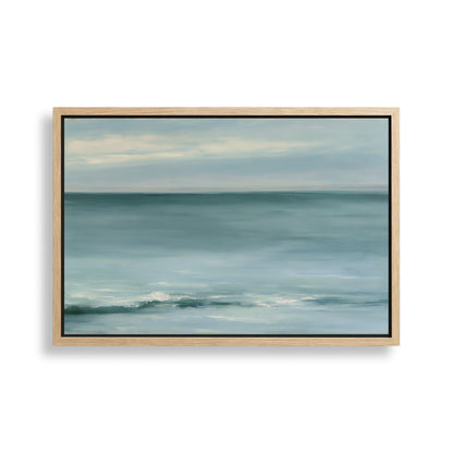 The image is a painting of a serene ocean scene with a calm, blue-green color palette.