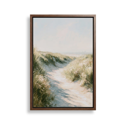 The image is a framed painting depicting a serene landscape with a winding path leading through a grassy field, with a body of water visible in the distance.