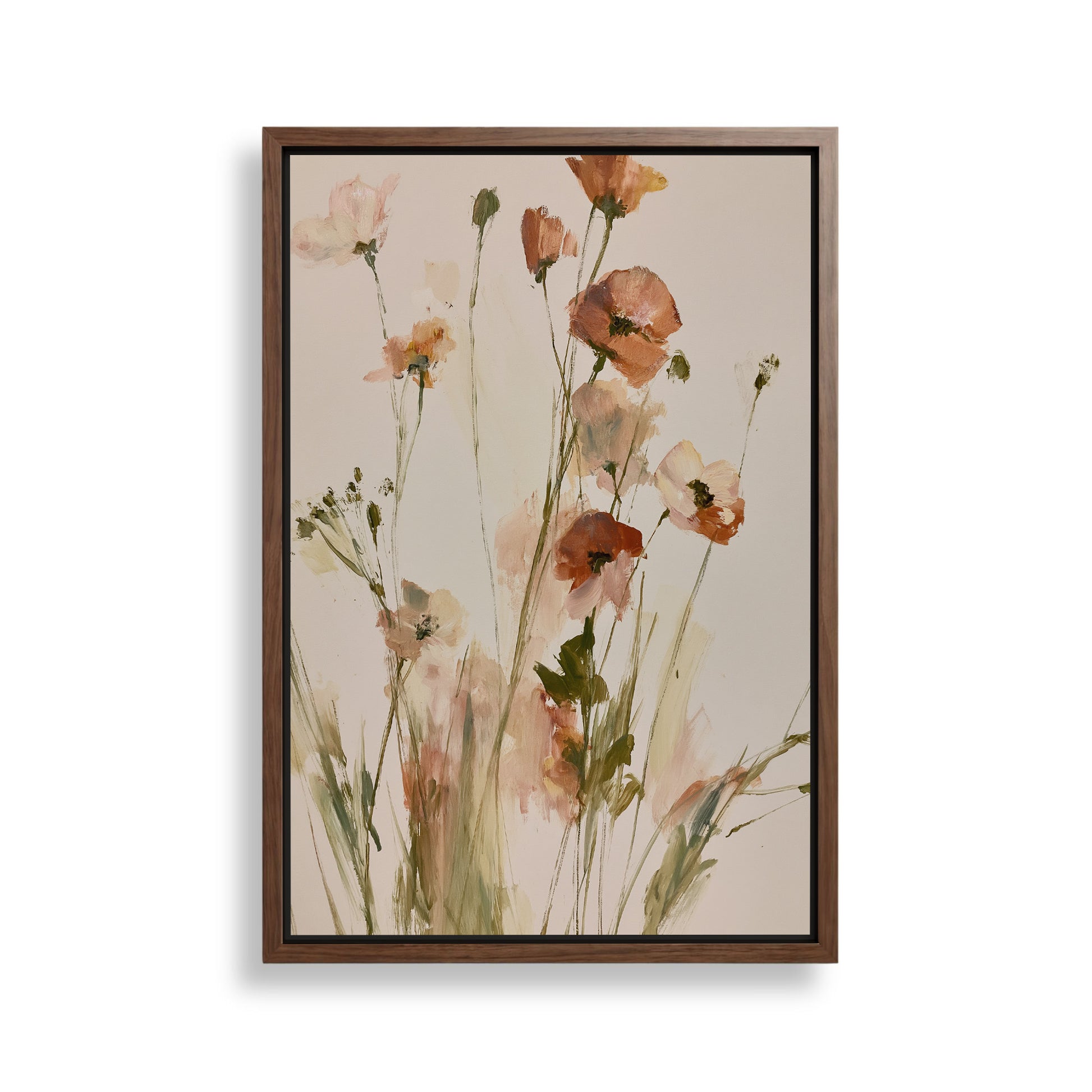 The image is a framed painting depicting a bouquet of flowers with various shades of pink and white.