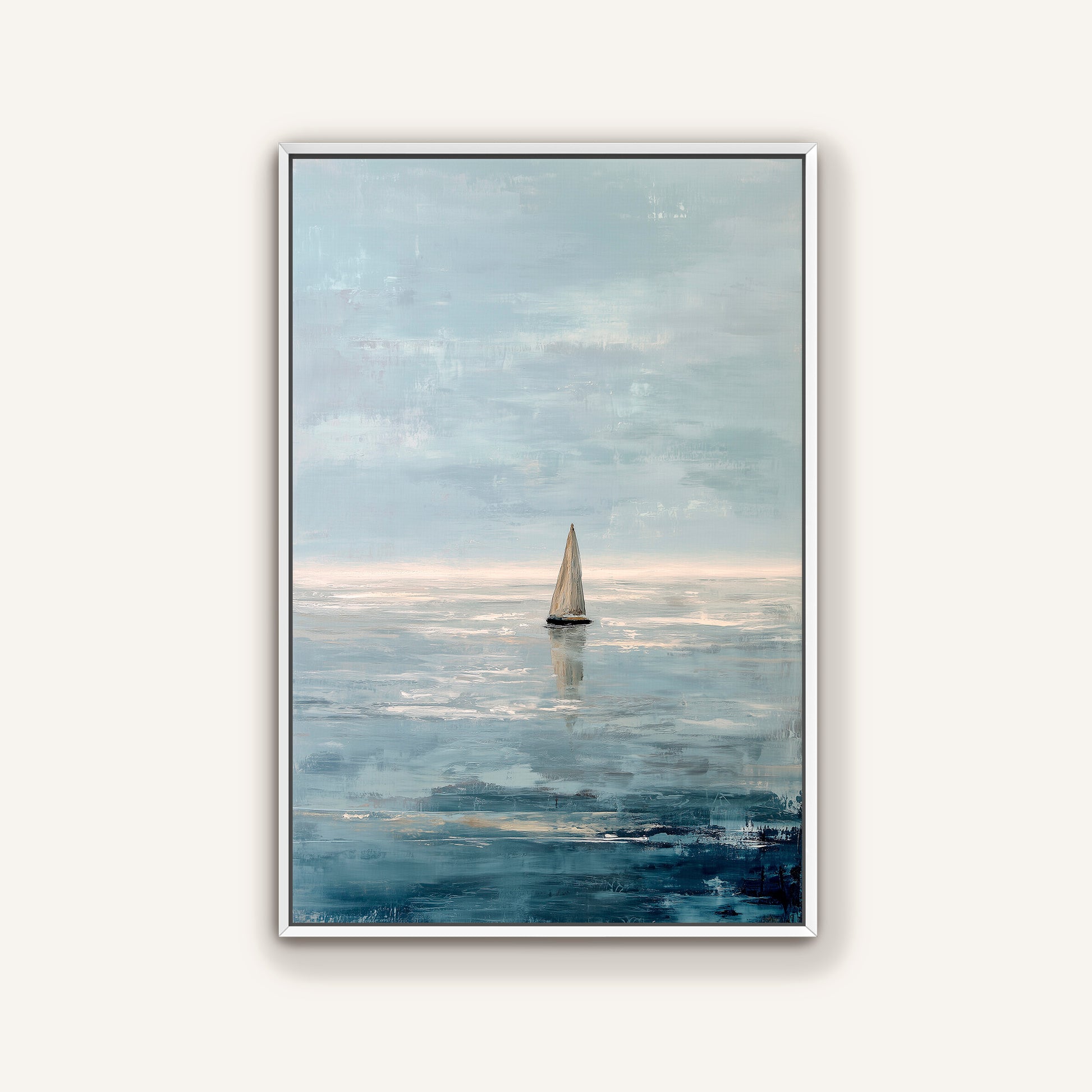 a sailboat on the water, with a cloudy sky in the background.