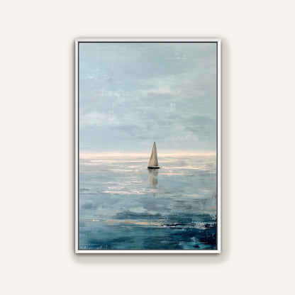 a sailboat on the water, with a cloudy sky in the background.