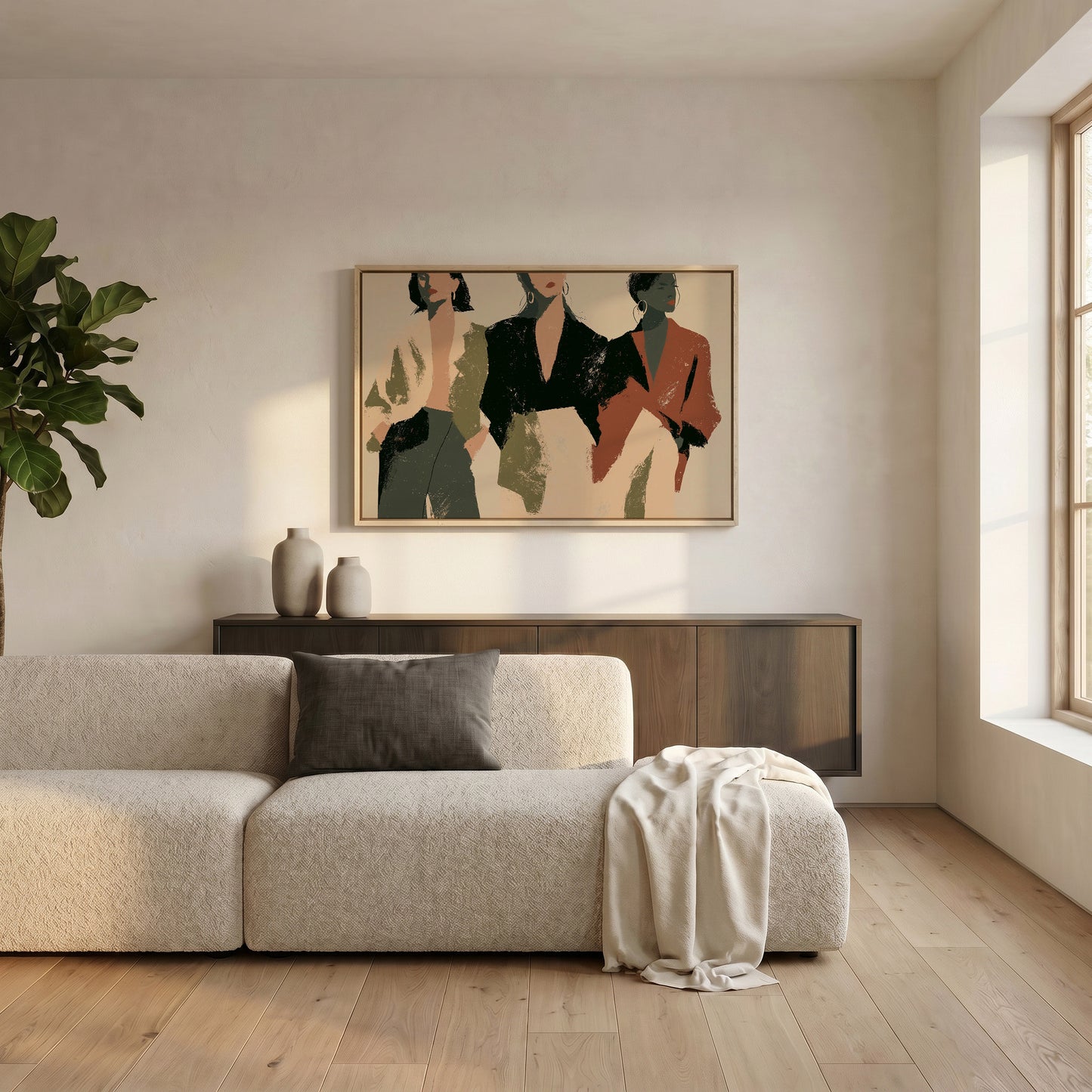 a modern living room with a large, abstract painting of three stylized human figures hanging on the wall above a white sofa. The sofa is positioned in front of a wooden cabinet, and there are two vases on the cabinet. The room has a clean, minimalist aesthetic with white walls and a wooden floor.