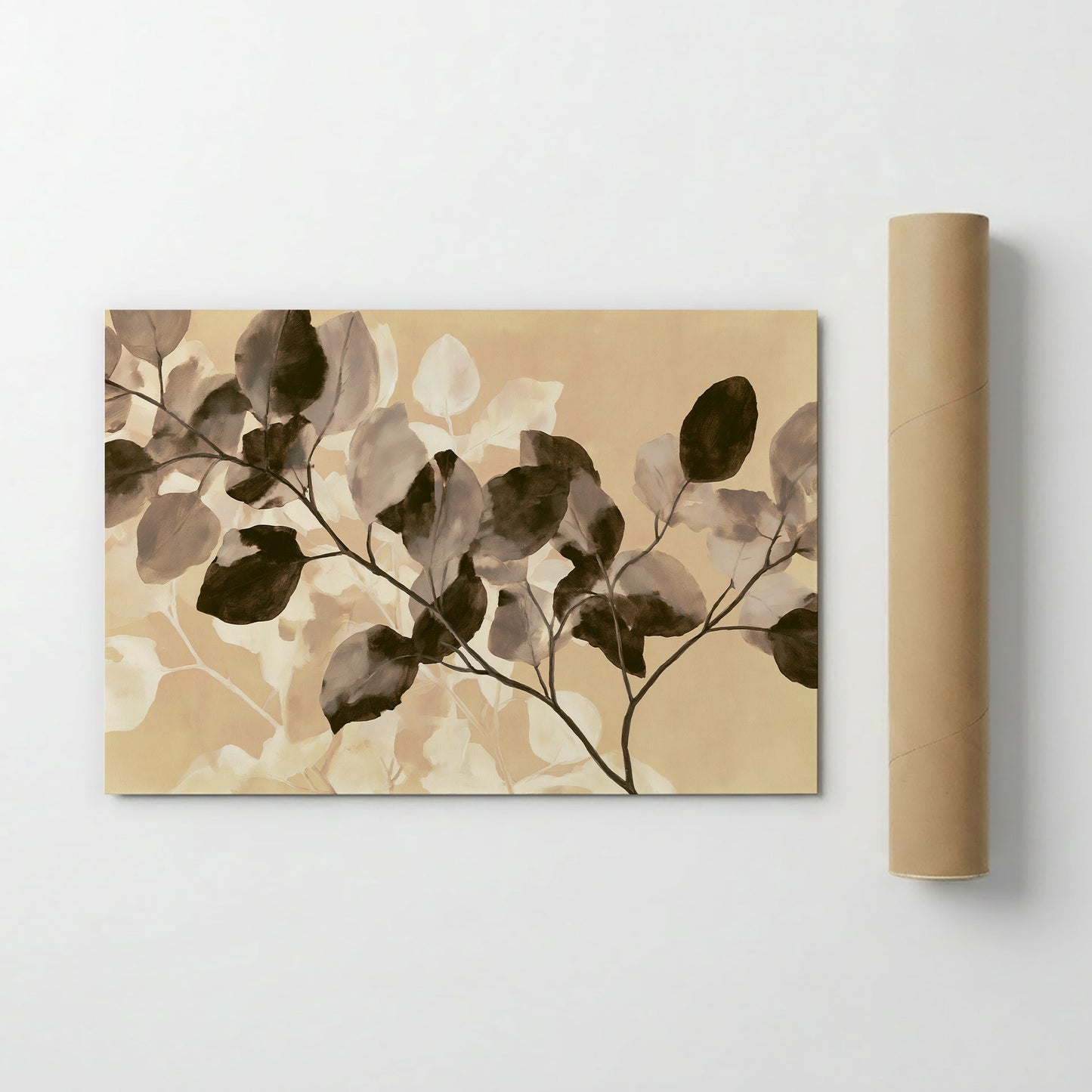 a painting of a branch with leaves, displayed on a wall next to a roll of paper.