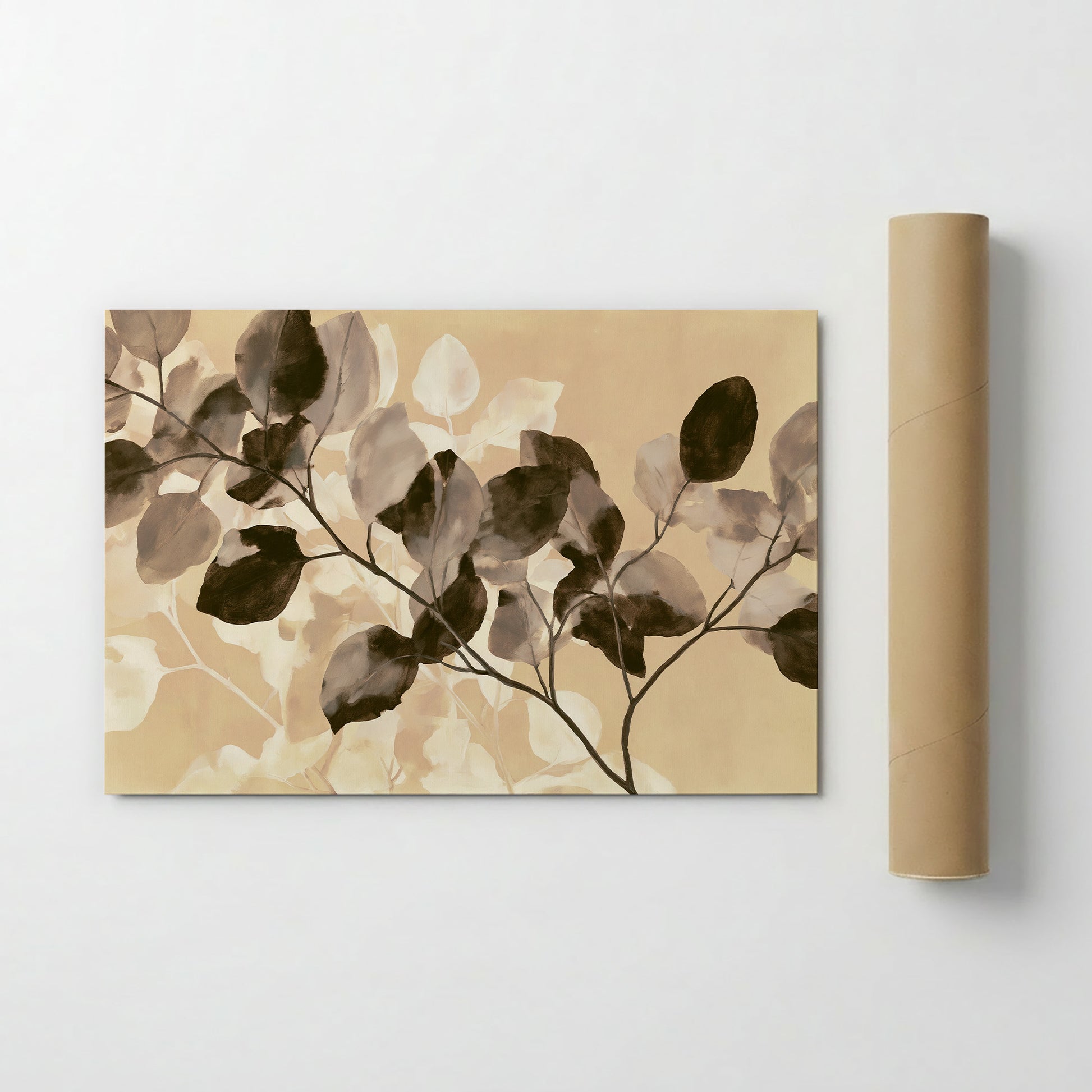 a painting of a branch with leaves, displayed on a wall next to a roll of paper.