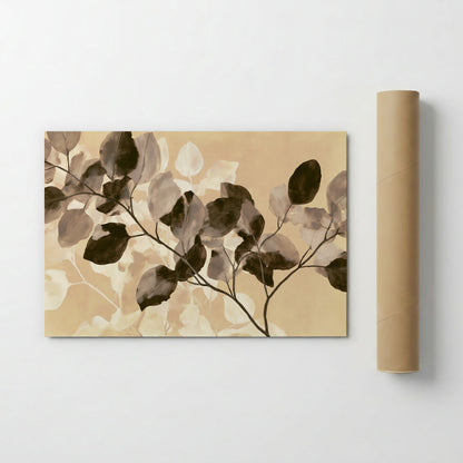 a painting of a branch with leaves, displayed on a wall next to a roll of paper.