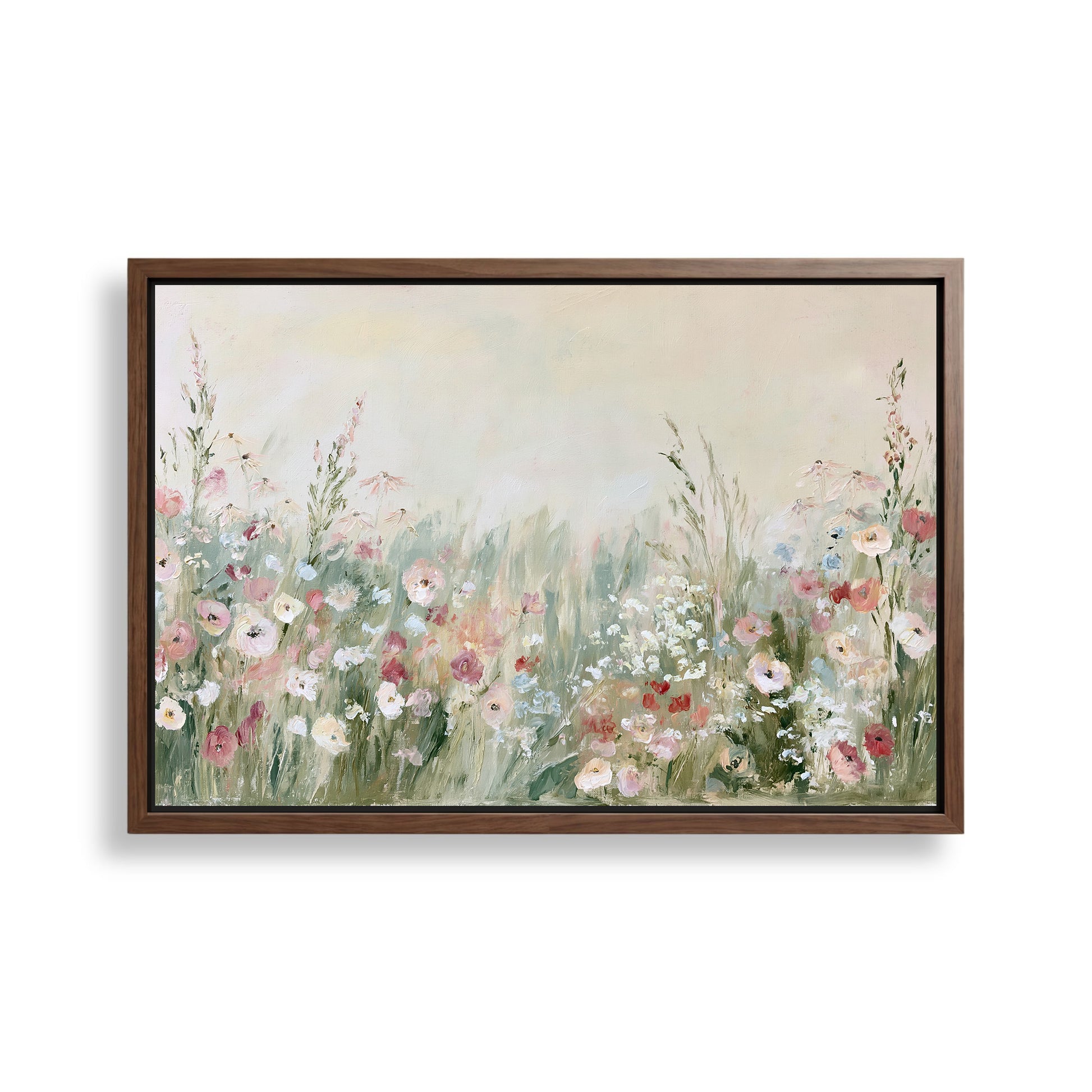 The image is a framed painting depicting a field of colorful flowers, including pink, white, and green blooms.