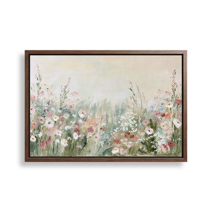 The image is a framed painting depicting a field of colorful flowers, including pink, white, and green blooms.