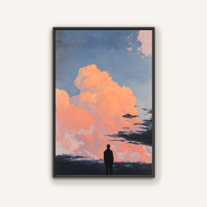 a person standing in front of a large, vibrant cloud formation against a blue sky.