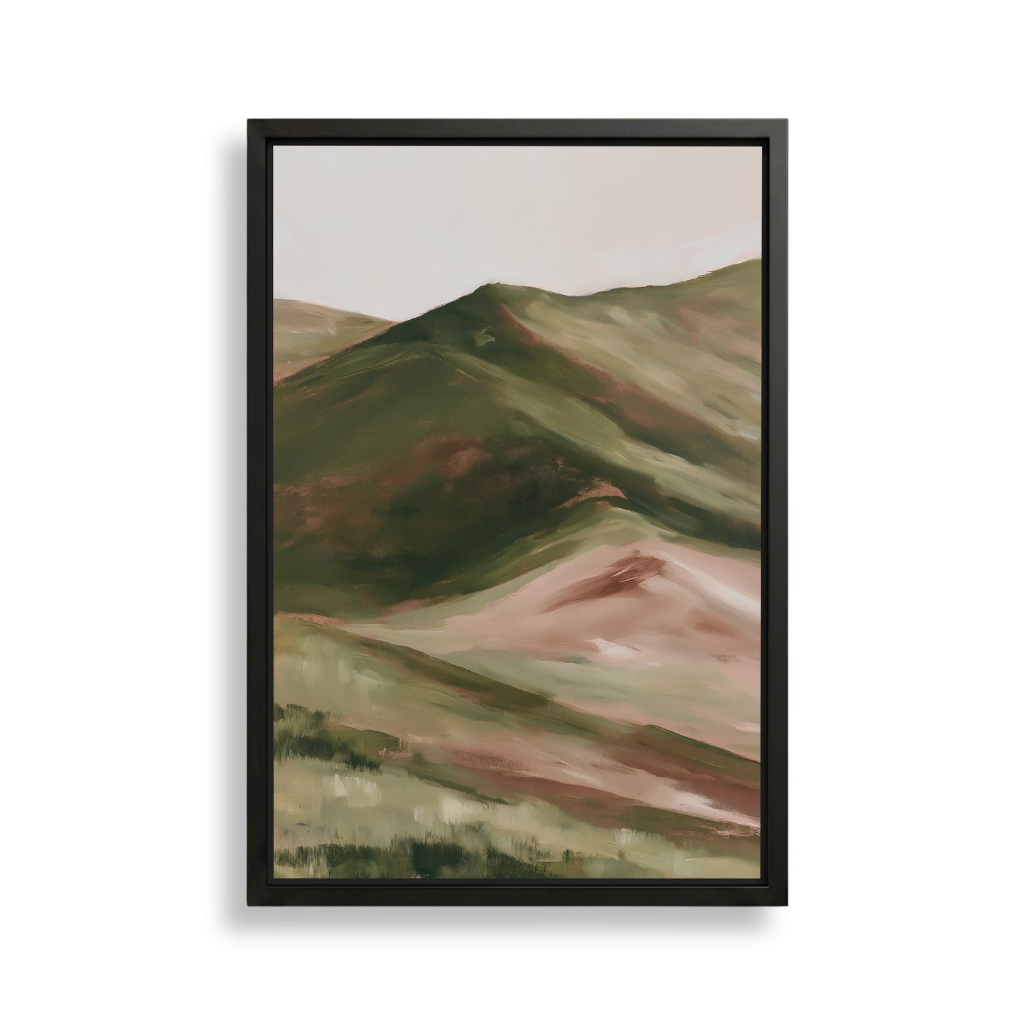 The image is a framed painting depicting a mountainous landscape with rolling hills and valleys in shades of green and brown.