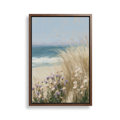 The image is a framed painting depicting a serene coastal scene with tall grasses swaying in the foreground and the vast ocean stretching out in the background.