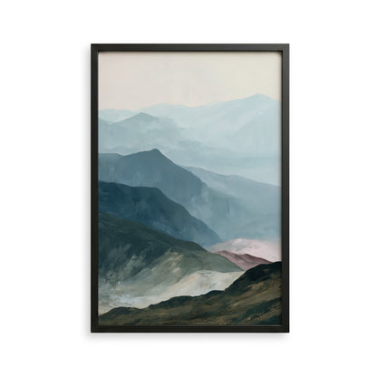 The image is a framed painting depicting a mountainous landscape with a hazy, misty atmosphere.