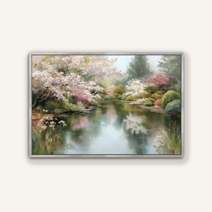 A serene landscape painting depicting a tranquil pond surrounded by blooming trees and lush greenery.