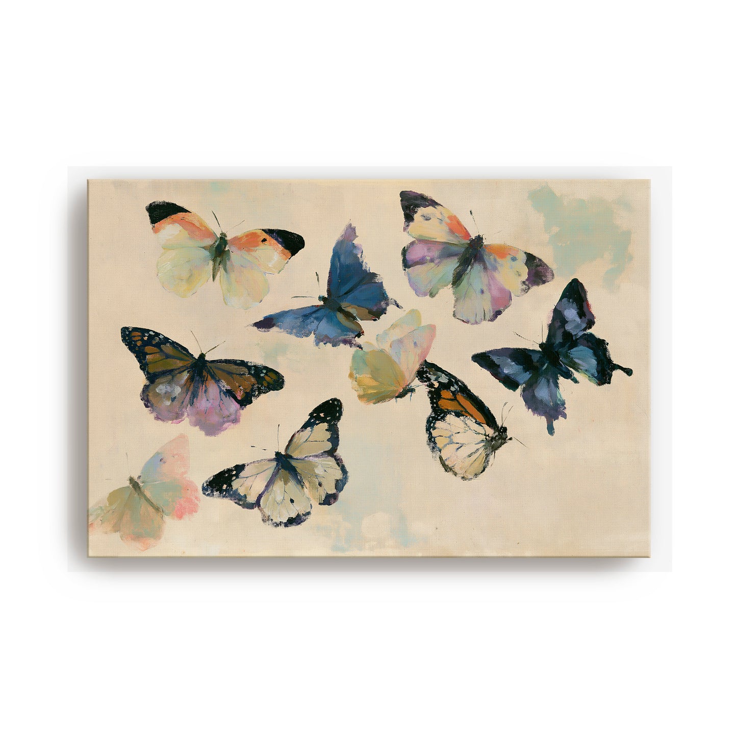 The image is a painting of nine colorful butterflies in various stages of flight, spread across a light beige background.