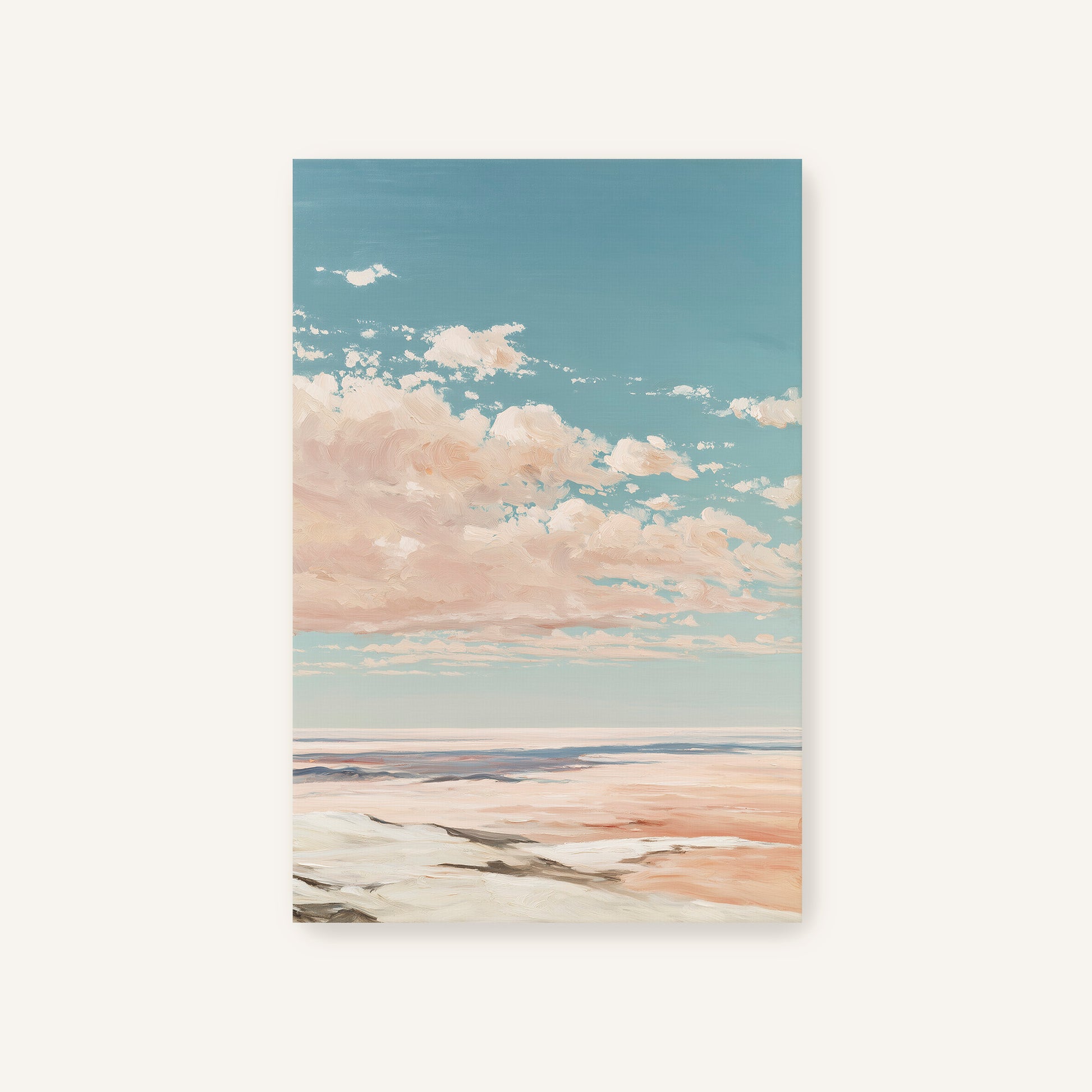 a serene landscape with a vast sky filled with fluffy white clouds and a calm body of water below.